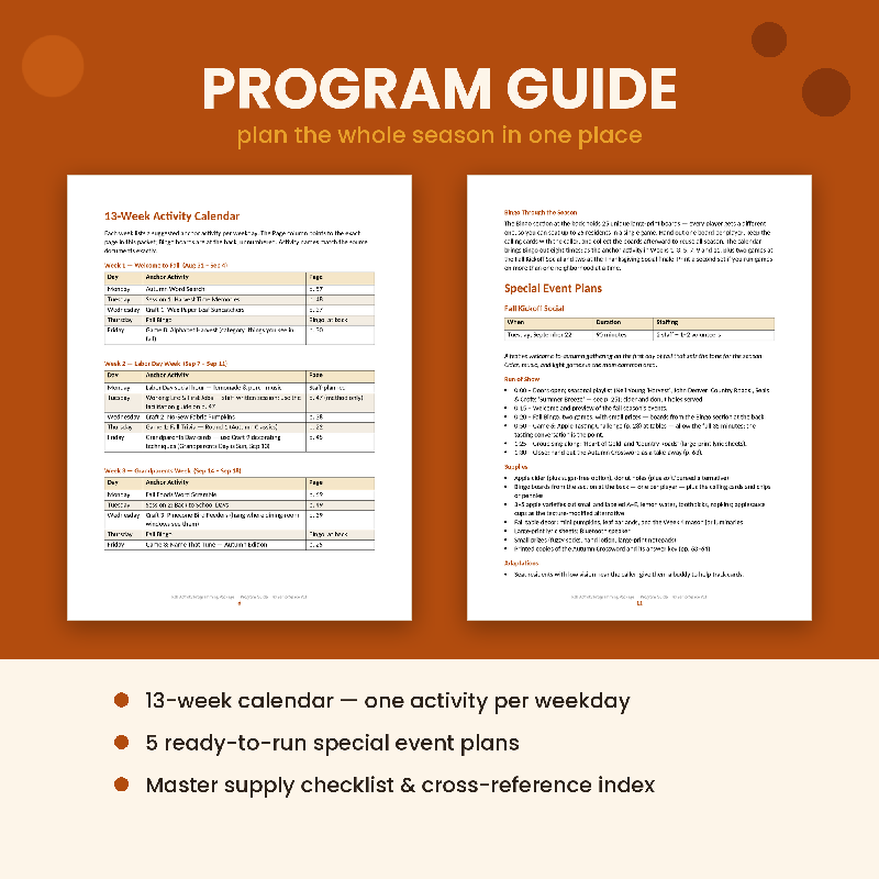 Fall Activity Programming Package for Senior Living, 13 Week Calendar, Memory Care Activities, Games Crafts Puzzles & Large Print Bingo