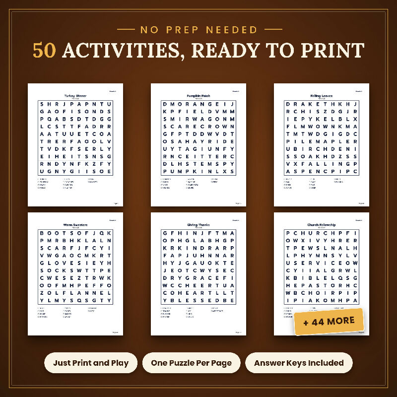 Fall Thanksgiving Word Search for Seniors, 50 Extra Large Print Puzzles, Bingo Bonus, US Letter and A4