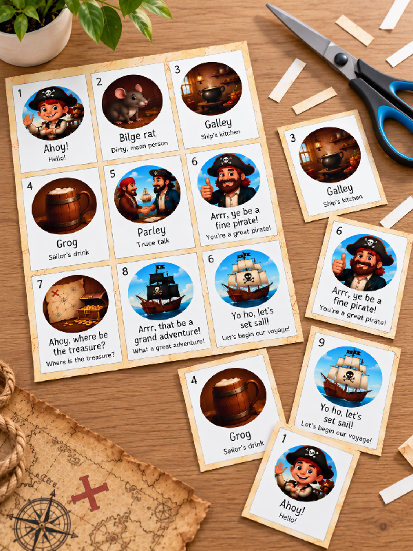 Talk Like a Pirate Day Activity, Let's Speak Pirate Bingo Game, With Playing Cards