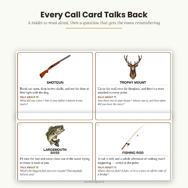 Hunting Fishing Camping Bingo for Seniors, Men's Club Activity, 25 Printable Cards, Call Cards with Clues, Download PDF