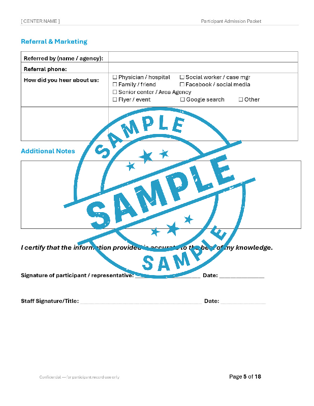 Adult Day Services Participant Admission Packet | Editable Word Intake Forms | Adult Day Care | Customizable Admission Forms