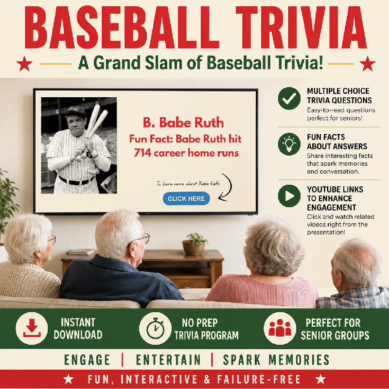 Baseball Trivia for Seniors | PowerPoint Trivia Game | No Prep Activity for Nursing Homes, Retirement Homes & Adult Day Programs
