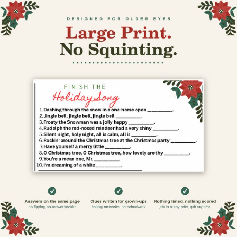 Holiday Activity Placemats for Seniors, 10 Large Print Christmas Puzzles, Hanukkah and Kwanzaa, Nursing Home Assisted Living Memory Care Activity Director PDF
