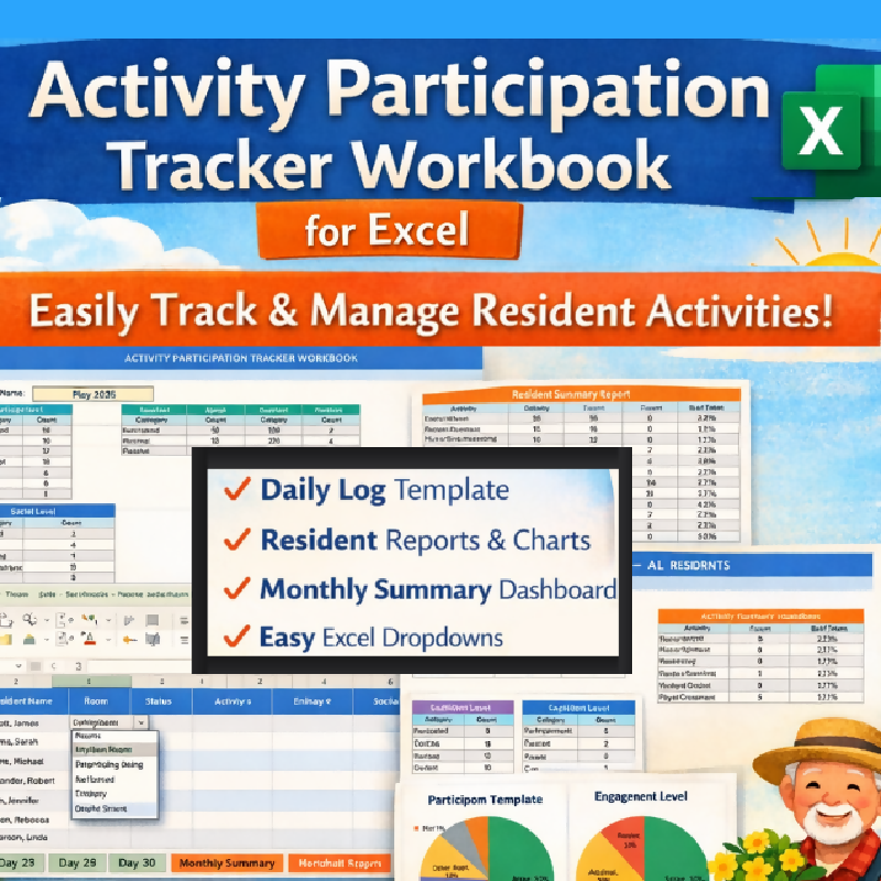 Activity Participation Tracker Excel, Activity Director Tool, Resident Engagement Spreadsheet