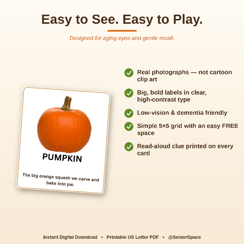 Fall Bingo for Seniors, Large Print Autumn Bingo Printable, Memory Care & Dementia Activity, Thanksgiving Game, 25 Boards + 40 Call Cards