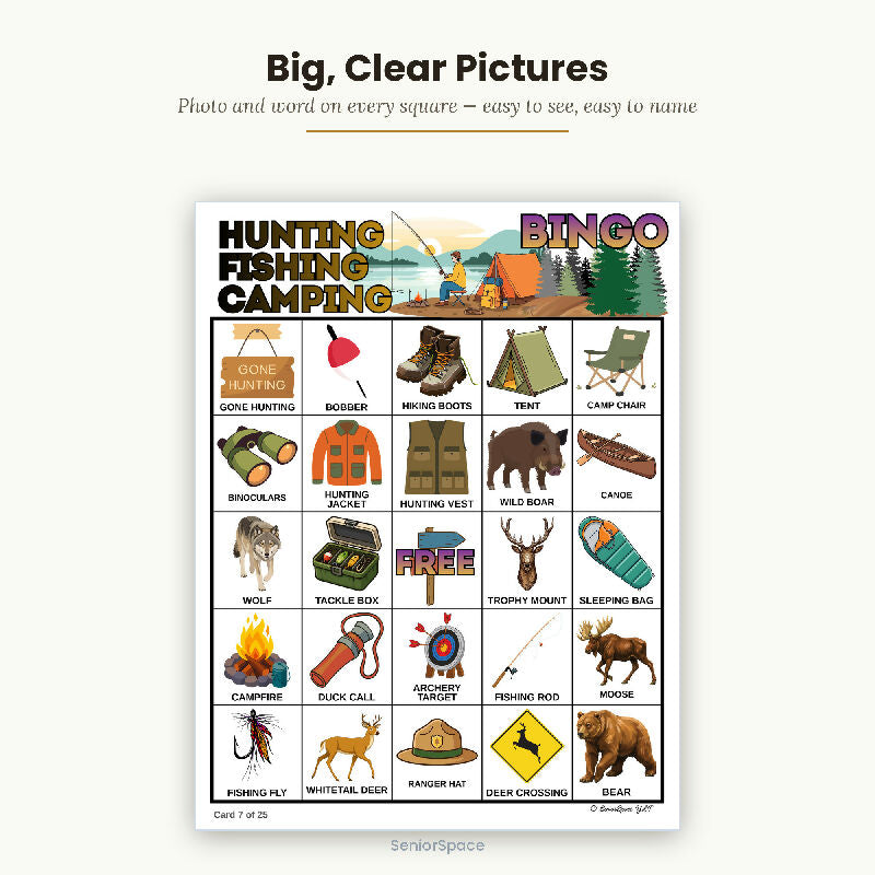 Hunting Fishing Camping Bingo for Seniors, Men's Club Activity, 25 Printable Cards, Call Cards with Clues, Download PDF