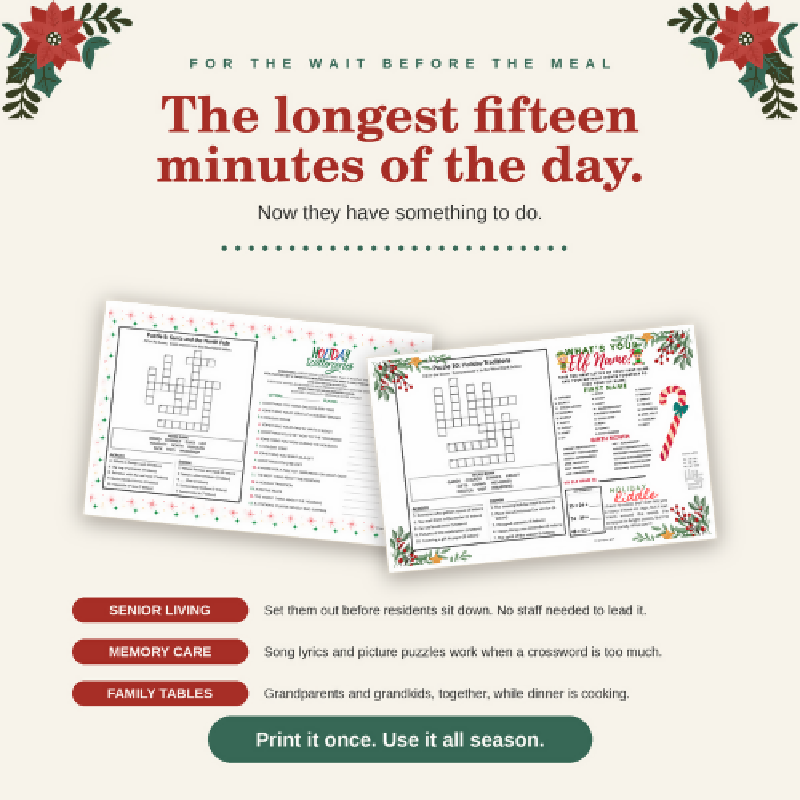Holiday Activity Placemats for Seniors, 10 Large Print Christmas Puzzles, Hanukkah and Kwanzaa, Nursing Home Assisted Living Memory Care Activity Director PDF