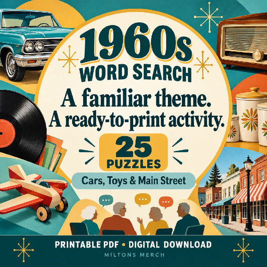 1960s Word Search — Cars, Toys & Main Street | 25 Large Print Nostalgia Puzzles, PDF