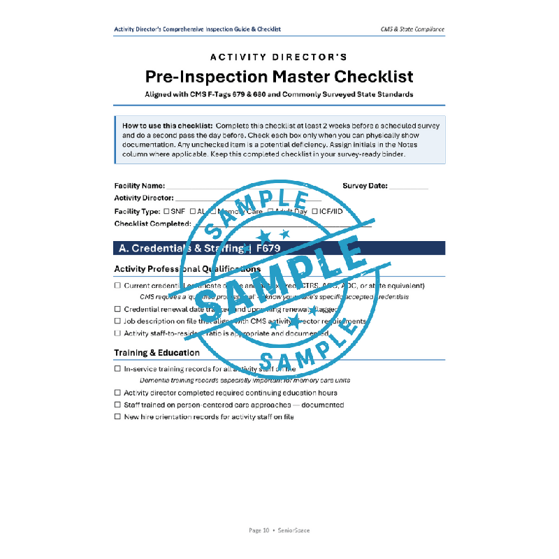 Activity Director Inspection Guide & Checklist | CMS F679 F680 Compliance | Nursing Home Assisted Living Memory Care Printable PDF