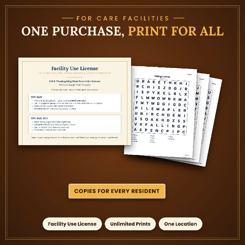 Fall Thanksgiving Word Search for Seniors, 50 Extra Large Print Puzzles, Bingo Bonus, US Letter and A4