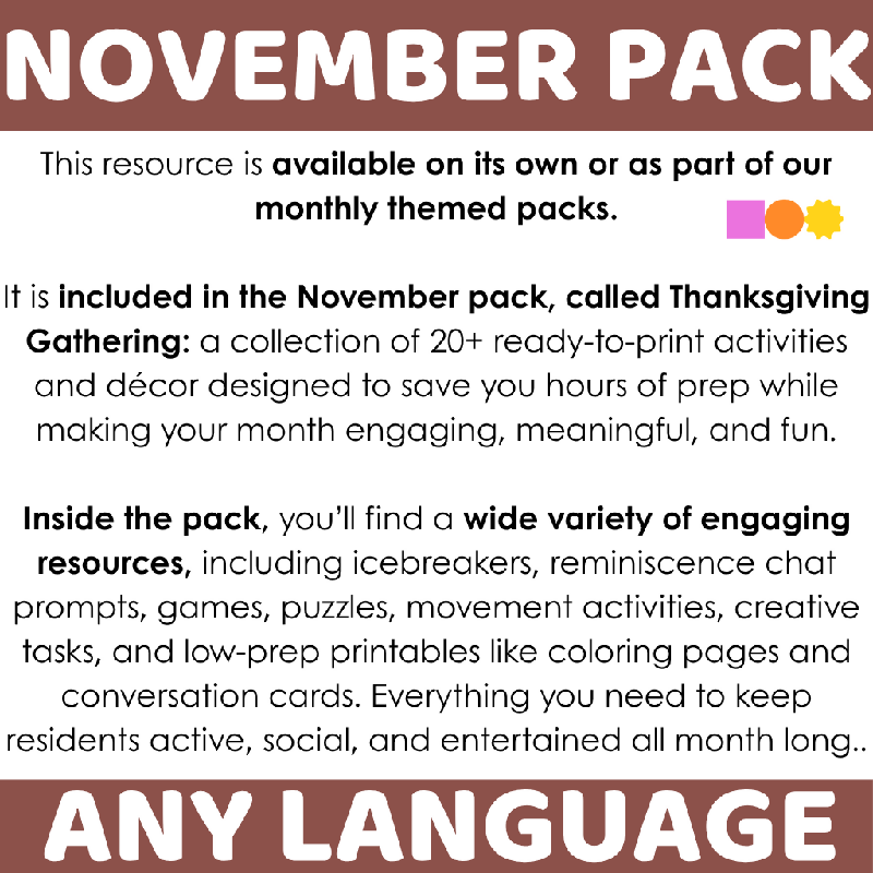 Printable November Image Puzzles for Seniors - Cognitive Stimulation Activity with Seasonal Pictures for Assisted Living - Brain Games for Cognitive Practice and Engagement Thanksgiving Themed