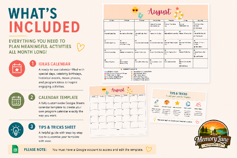 Recreation Activity Calendar Bundle | Editable Google Sheets Template + Monthly Ideas Calendar | Activity Director Planner for Senior Care