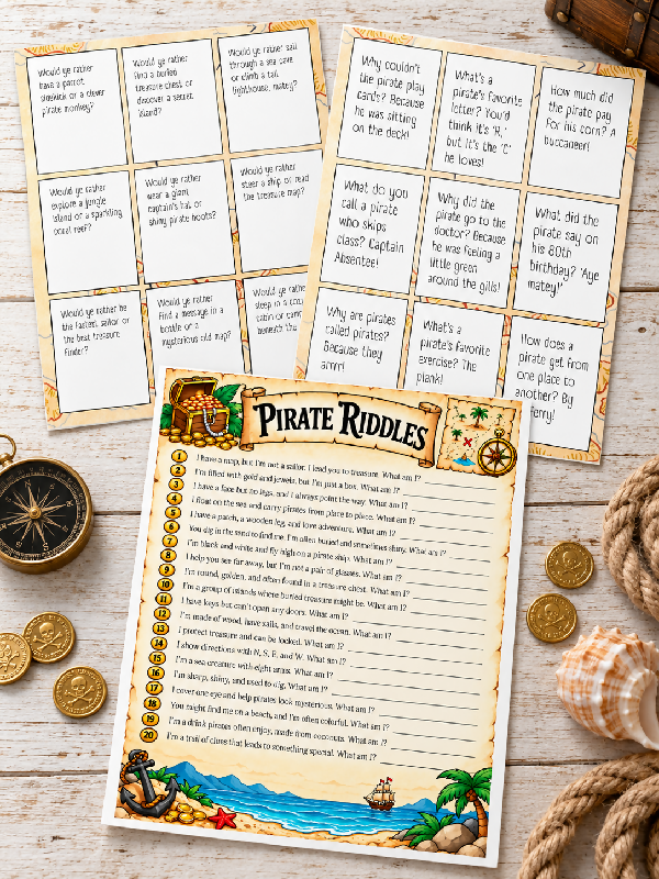 Pirate Riddles, Jokes & Would You Rather Questions, Group Games for Parties or Recreation Activities