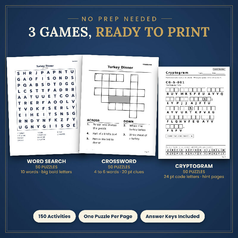 Fall Thanksgiving Puzzle Bundle for Seniors, 150 Large Print Puzzles, Word Search Crossword Cryptogram, Activity Planner