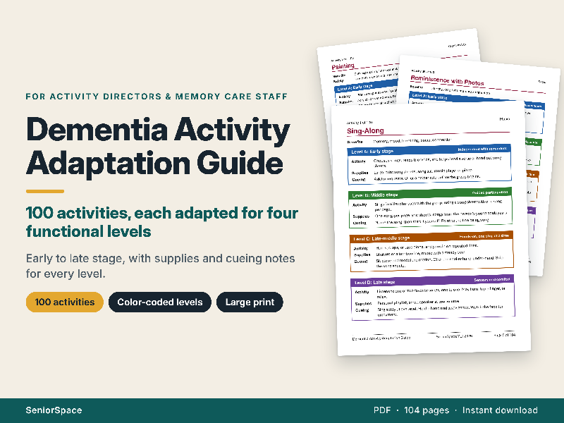 Dementia Activity Guide, 100 Activities Adapted for 4 Levels, Memory Care Activity Ideas for Activity Directors, Printable PDF