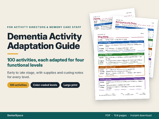 Dementia Activity Guide, 100 Activities Adapted for 4 Levels, Memory Care Activity Ideas for Activity Directors, Printable PDF