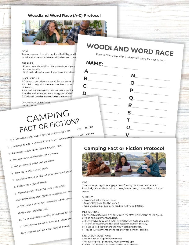 Woodland Adventure Activity Bundle: Printable No Prep Activities, Bingo Boards & Playing Cards , Multiple Campfire Games, Additional Activity Ideas, Bring the Campsite to Senior Living Themed Activities