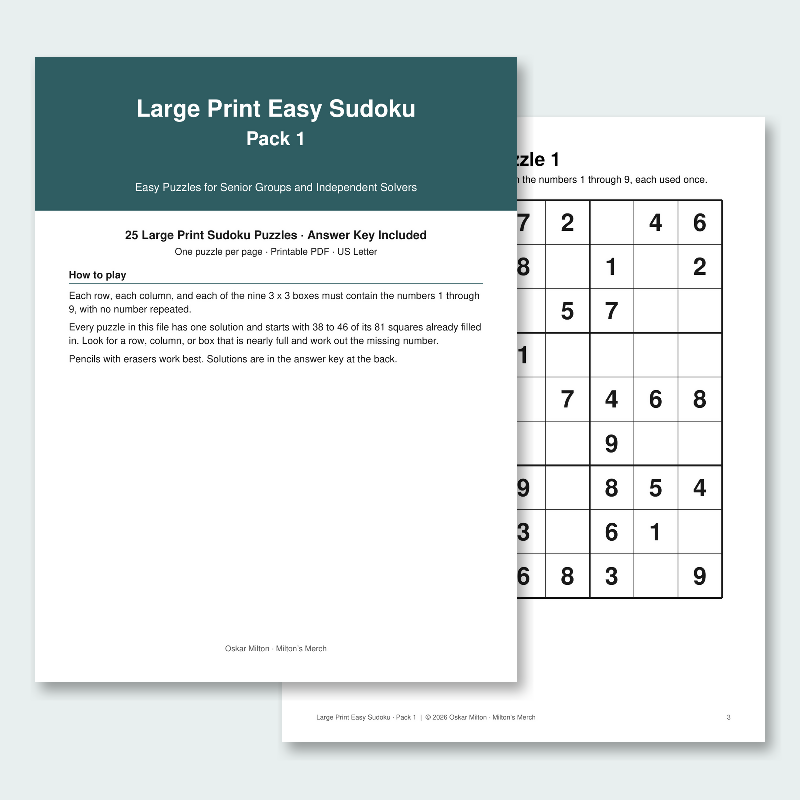 Large Print Easy Sudoku for Seniors, Pack 1: 25 Puzzles with Answer Key (Printable PDF)