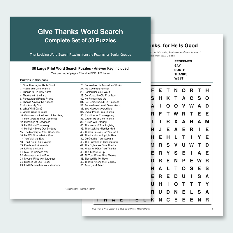 Give Thanks: 50 Large Print Thanksgiving Word Search Puzzles from the Psalms for Seniors (Printable PDF)