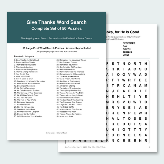 Give Thanks: 50 Large Print Thanksgiving Word Search Puzzles from the Psalms for Seniors (Printable PDF)