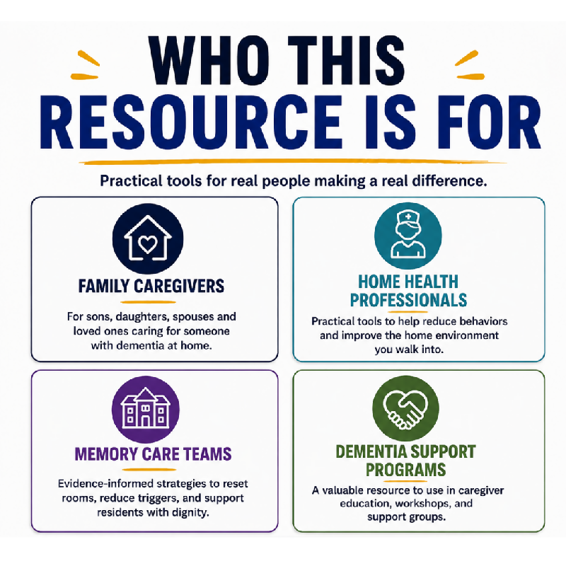Who this resource is for — Fix the Room Not the Behavior — family caregivers home health professionals memory care teams dementia support programs — practical tools for real people making a real difference