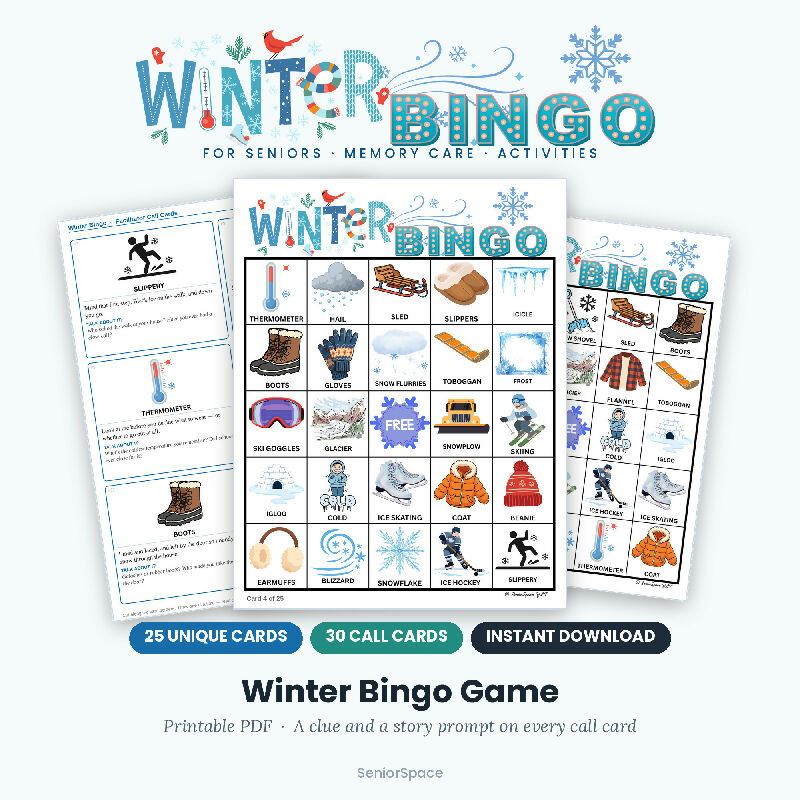 Winter Picture Bingo 25 Printable Cards, Call Cards with Clues, Memory Care Activity, Reminisce Cards, Instant Download