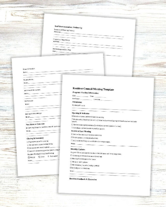 Resident Council Meeting Agenda, Editable Template with Notes and Staff Follow Up