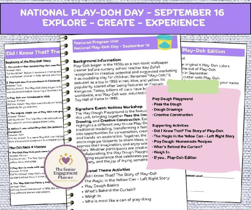 National Play-Doh Day Activity Bundle | Play Dough Engagement Activities for Seniors | Play Dough Playground | Senior Living Activity Planner