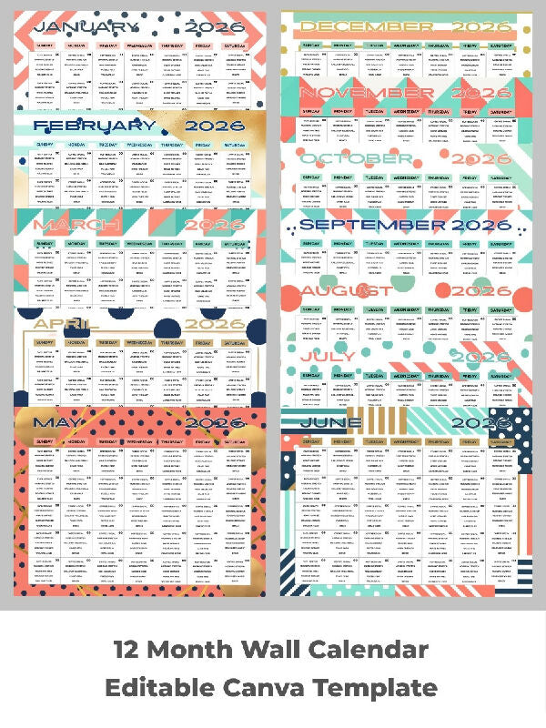 12 Month Gold, Coral & Mint Geometric Calendar Templates Floral Undated