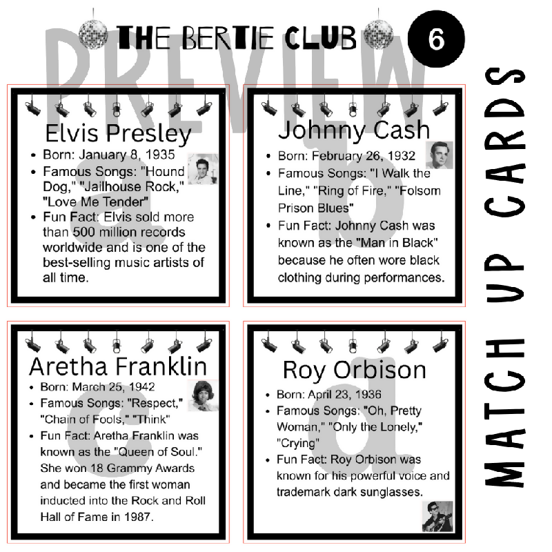 50s & 60s Music Legends Memory Match & Concentration