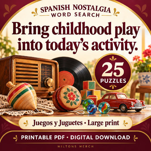 Spanish Nostalgia Word Search — Juegos y Juguetes | 25 Large Print Puzzles, PDF