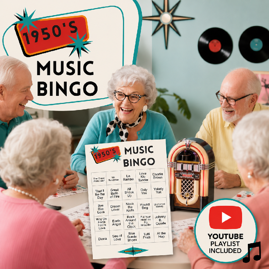 1950's Music Bingo | Senior Activity Game | 25 Bingo Cards, 30 Songs, YouTube Playlist & Trivia