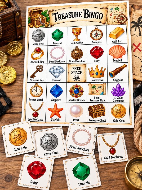 Treasure Bingo (35 Boards) & Scavenger Hunt, Pirate Party or Recreation Activities