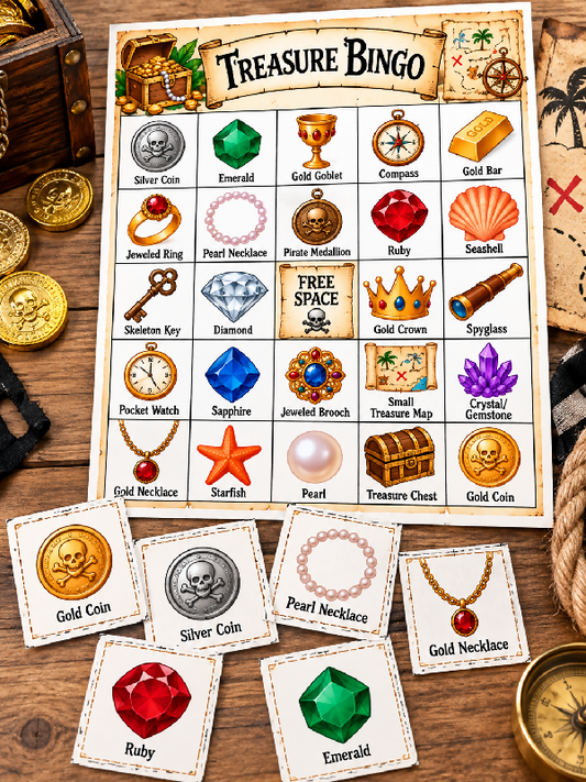 Treasure Bingo (35 Boards) & Scavenger Hunt, Pirate Party or Recreation Activities