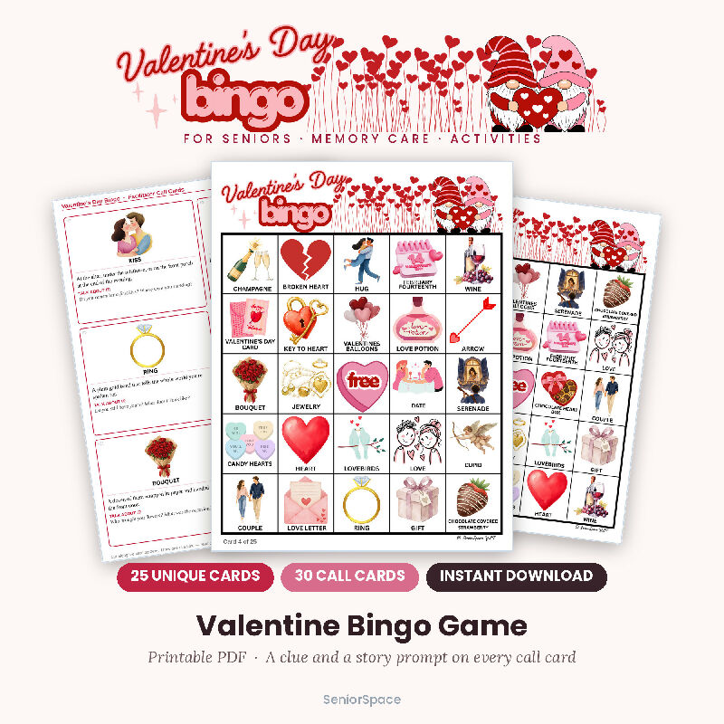 Valentine's Day Bingo, 25 Printable Cards, Call Cards with Clues, Senior Activity, Reminisce Cues, Instant Download