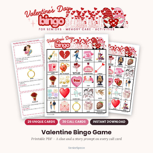 Valentine's Day Bingo, 25 Printable Cards, Call Cards with Clues, Senior Activity, Reminisce Cues, Instant Download