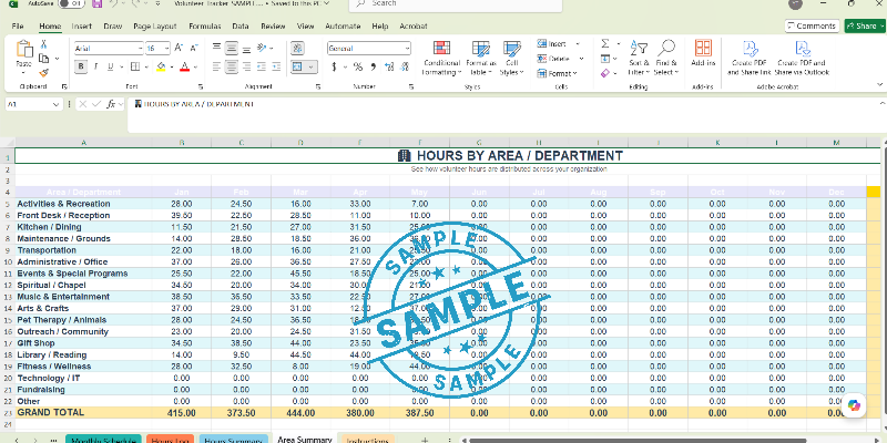 Volunteer Hours Tracker & Schedule Spreadsheet | Excel Google Sheets | Nursing Home Senior Living Nonprofit Activities Director Template