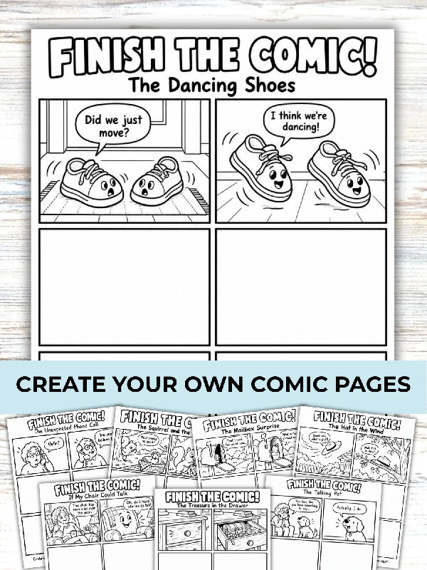 Finish the Comic, Create a Comic Book Coloring Page, Writing and Drawing Activity, 40 Story Panels, Printable Pages