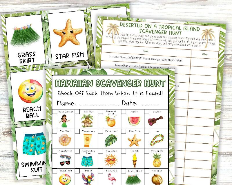 BIG Hawaiian Luau Activity Bundle, Bingo Boards, Playing Card, Scavenger Hunt, Includes Activity Protocols for Recreation Directors / Group