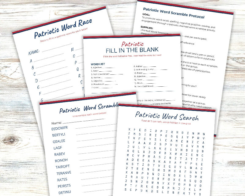 USA 250th Birthday, Patriotic Activity Bundle with Recreation Therapy Protocols, Party Games for 4th of July, Independence Day Bundle, Memorial and Veterans Day