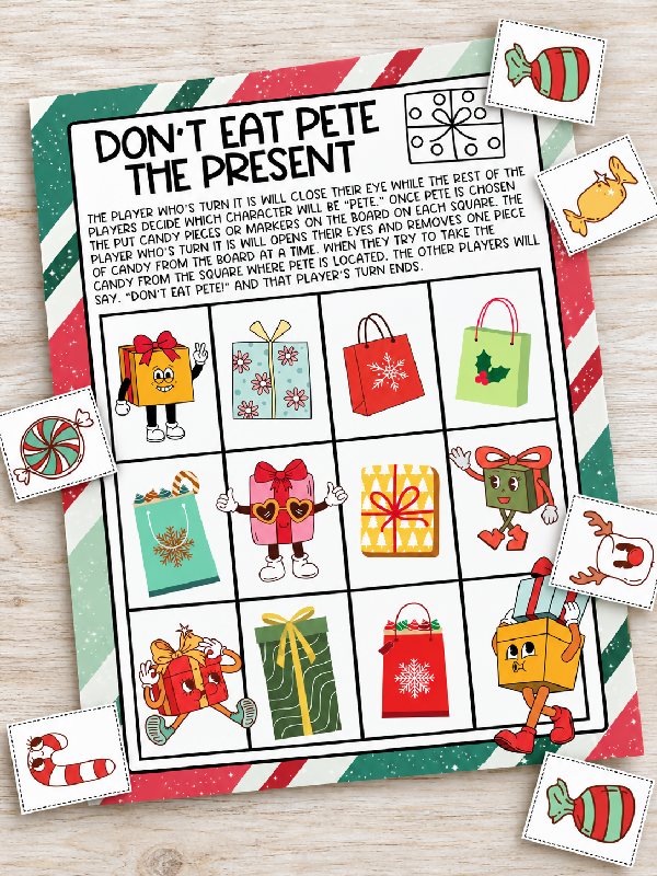 Don't Eat Pete the Present Easy Candy Game, Small Groups or 1:1 Activity for Christmas