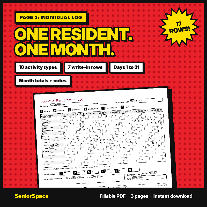 Activity Participation Log with Engagement Codes | Fillable Monthly PDF | Individual and Group Attendance Tracker for Activity Directors