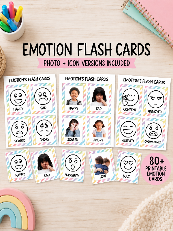 Emotion Flashcards 2 Versions, Photo Facial Expressions & Emotions Icon