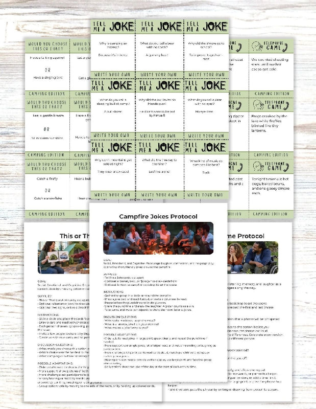 Woodland Adventure Activity Bundle: Printable No Prep Activities, Bingo Boards & Playing Cards , Multiple Campfire Games, Additional Activity Ideas, Bring the Campsite to Senior Living Themed Activities