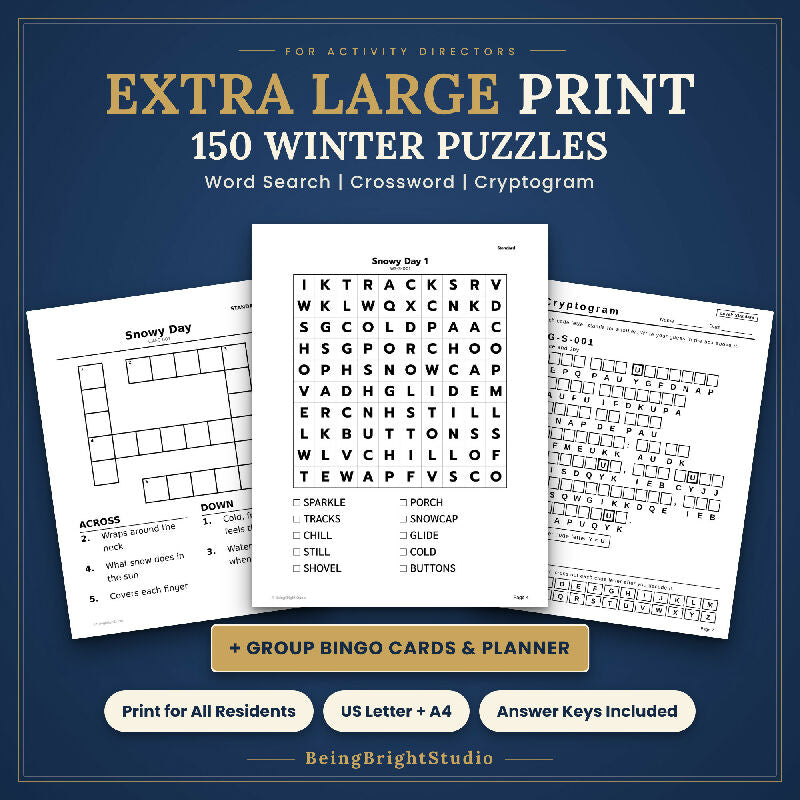 Extra Large Print Winter Puzzle Bundle for Activity Directors, 150 Printable Puzzles, Word Search, Crossword, Cryptogram, Bingo, Planner