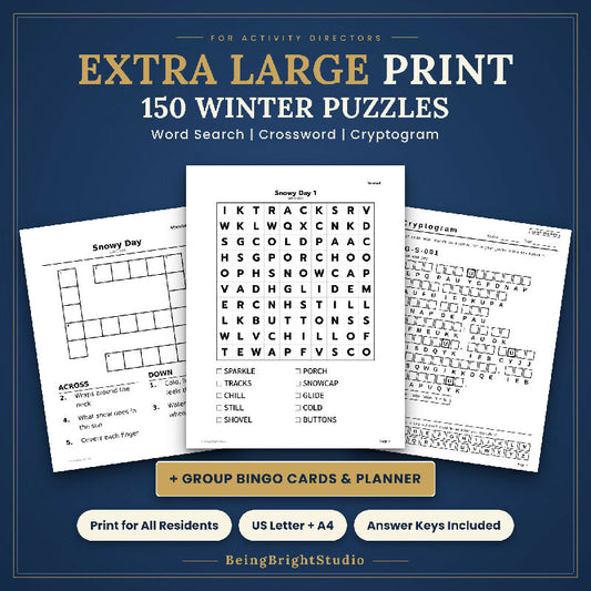 Extra Large Print Winter Puzzle Bundle for Activity Directors, 150 Printable Puzzles, Word Search, Crossword, Cryptogram, Bingo, Planner