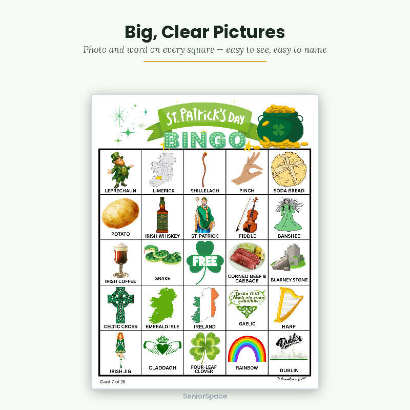 St Patrick's Day Bingo for Seniors, 25 Printable Cards, Call Cards with Clues, Memory Care Activity, Discussion cues, Instant Download