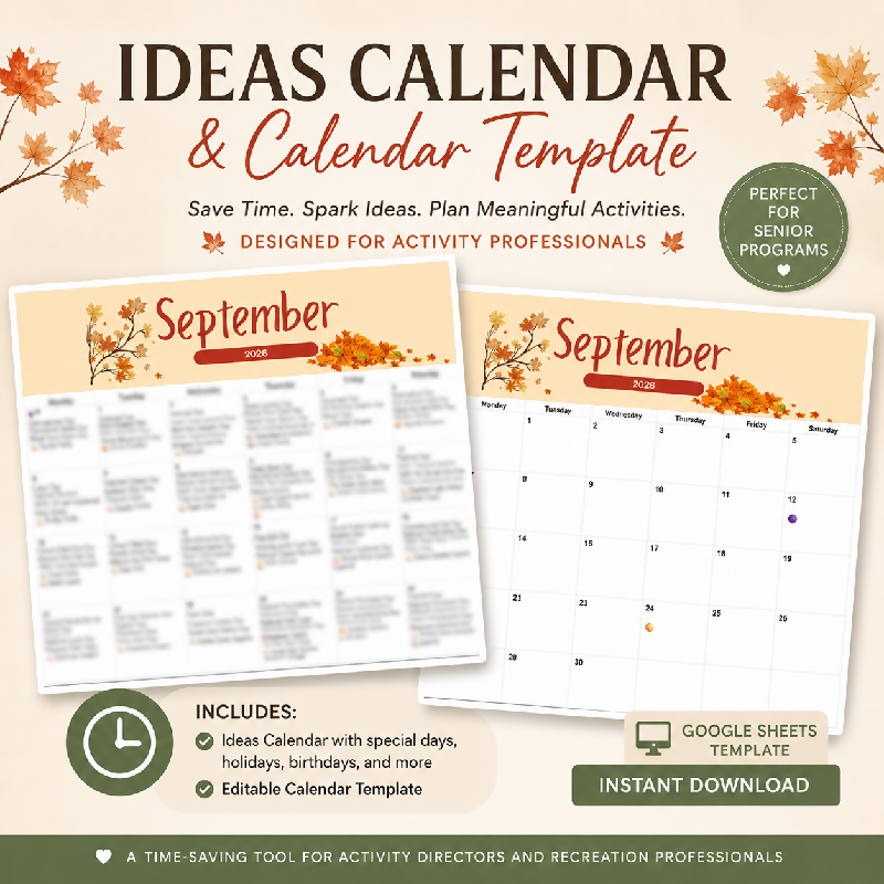 September Activity Calendar Ideas | Editable Google Sheets Calendar Template | Senior Activities | Recreation Planning Tool
