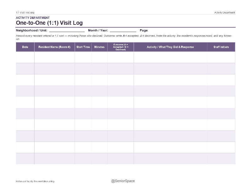 lose-up product preview of the 1:1 Visit Log page template. The layout features a clean, purple-accented table with columns for Date, Resident Name & Room, Start Time, Minutes, Outcome (Accepted/Declined), Activity & Response, and Staff Initials.