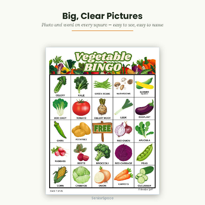 Vegetable Bingo for Seniors, 25 Printable Cards, Call Cards with Clues, Memory Care Activity, Nutrition Program, Instant Download